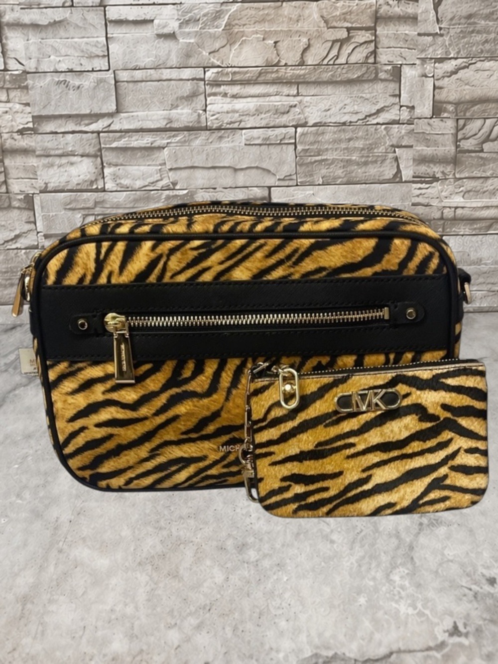 Michael Kors Charm Large Camera Crossbody Nylon Tiger Stripes & Matching Wallet